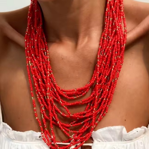 Red Multi-Strand Beaded Statement Necklace Handmade Choker Bold Boho Jewelry